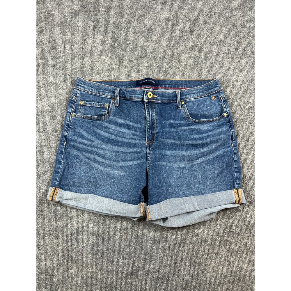 Tommy Hilfiger Th Flex Cuffed Shorts Women 14 Blue Whisker Denim Mid Rise Cotton